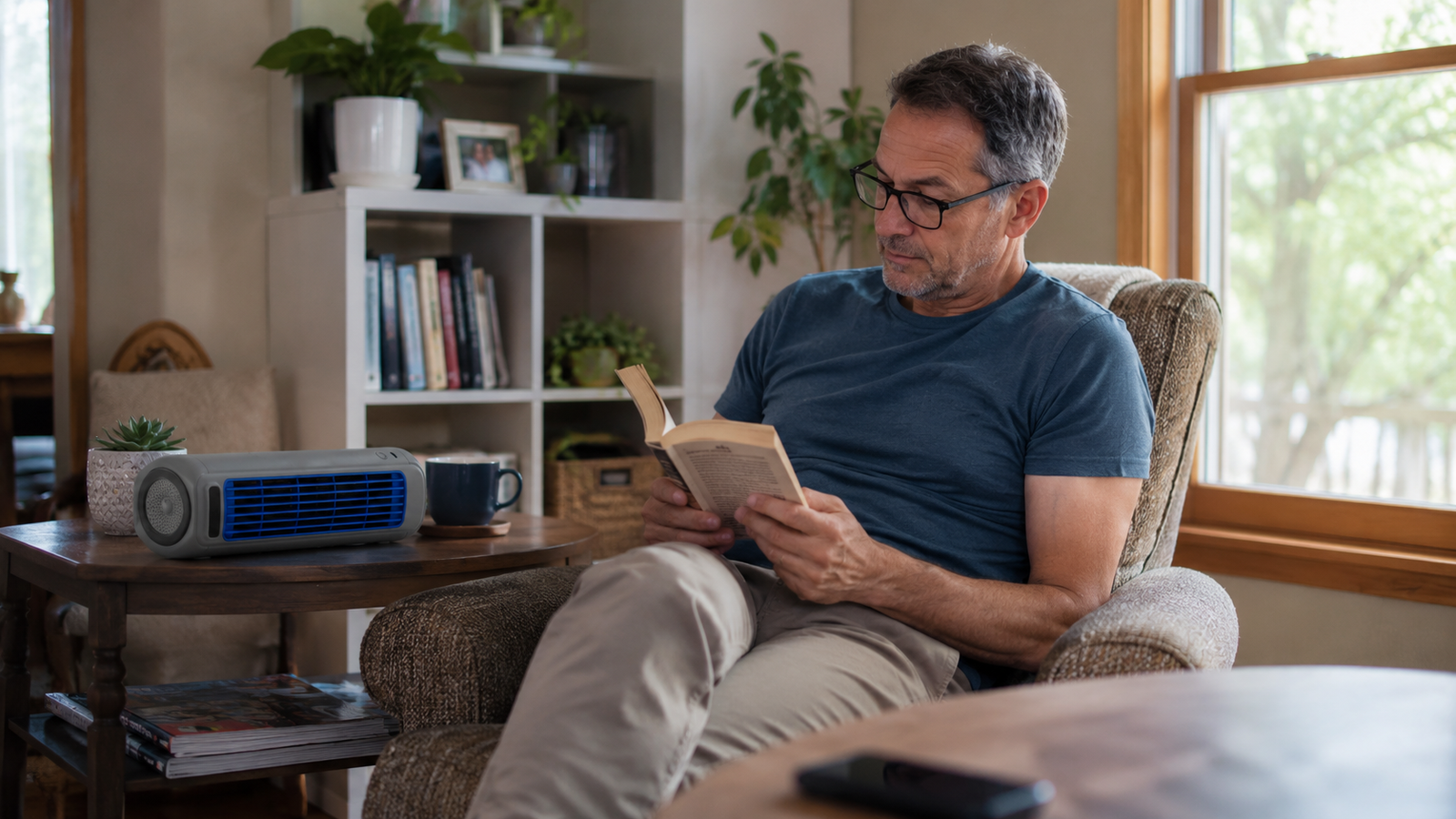 Man reading comfortably at home with Froza AC nearby