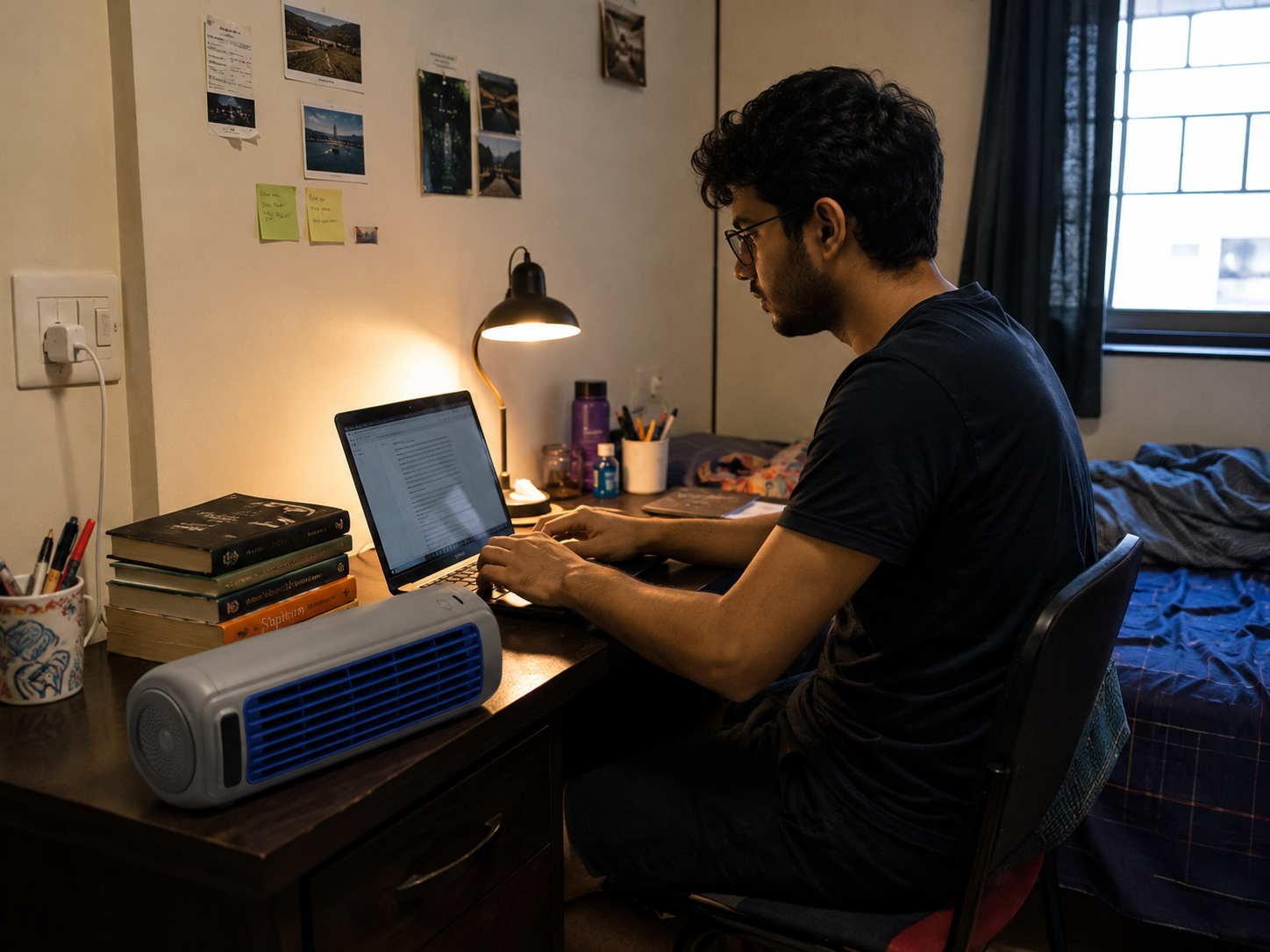 Young man using Froza AC in a small rented room