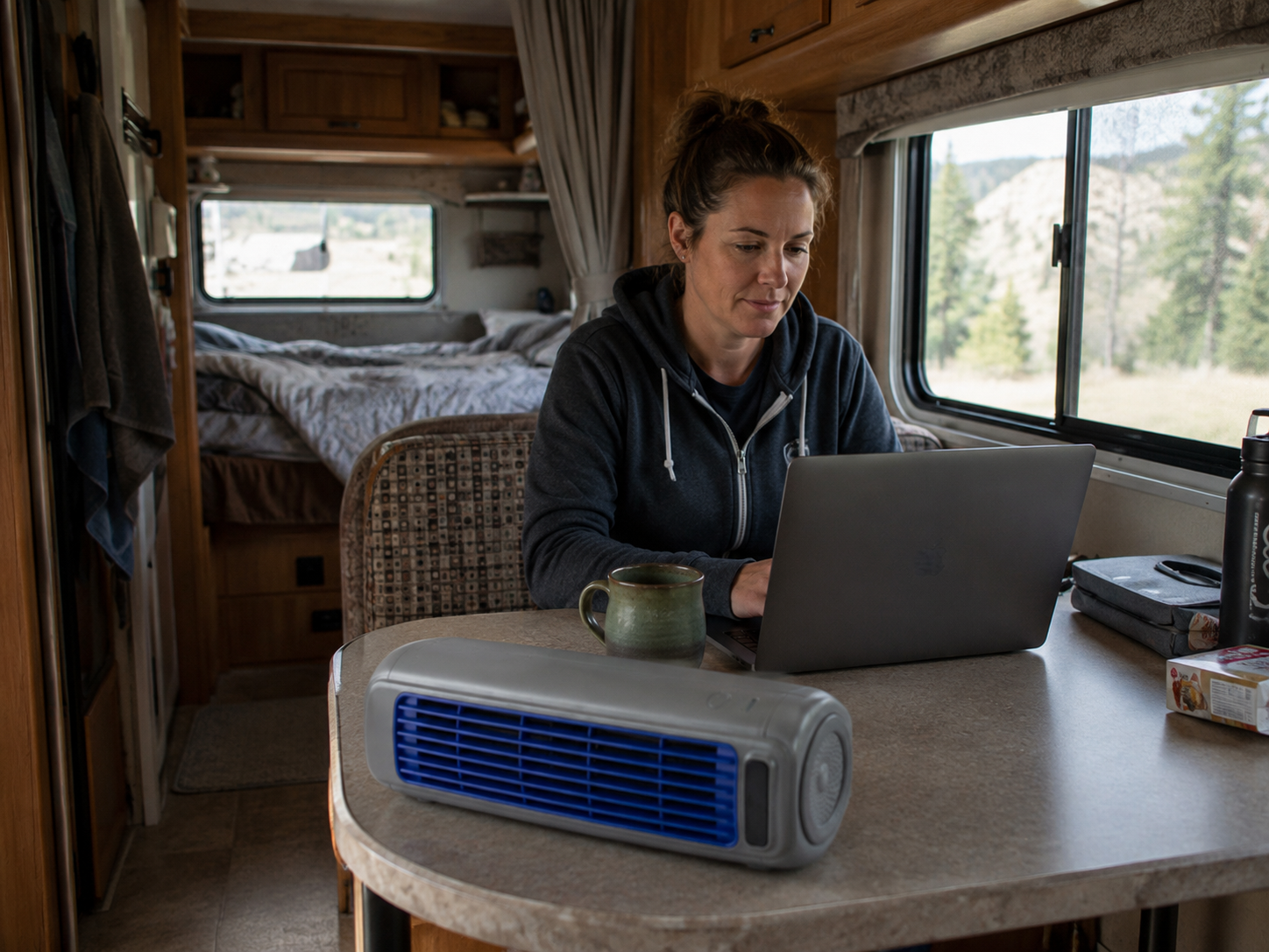 Woman working inside an RV with Froza AC nearby
